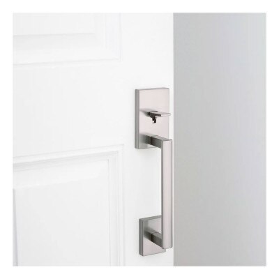 Kwikset San Clemente Handle with Halifax Lever, Square, Satin Nickel